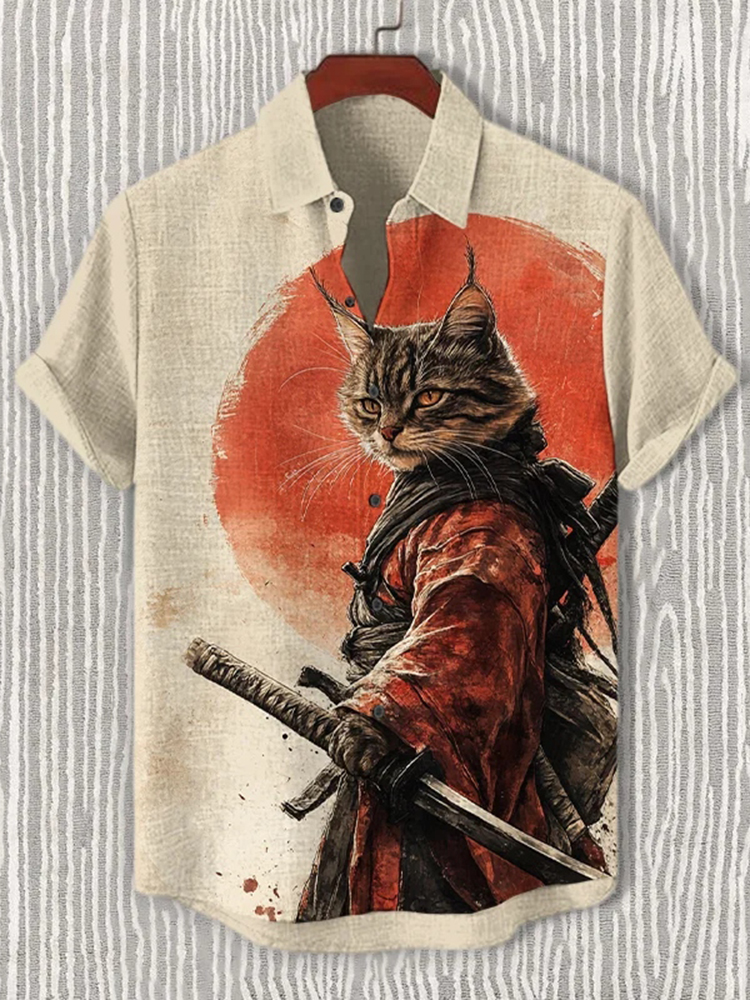 Men's Samurai Cat Art Print Short Sleeve Shirt