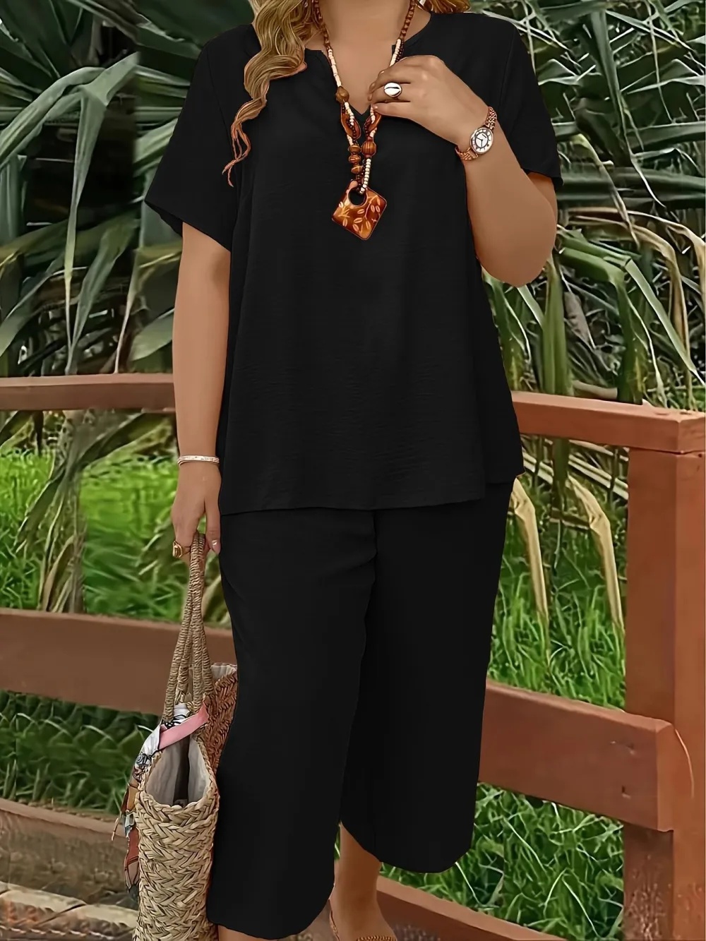 Women's Solid Color Short Sleeve Fashion Top & Casual Wide Leg Pants Set, Summer, Comfortable & Stylish