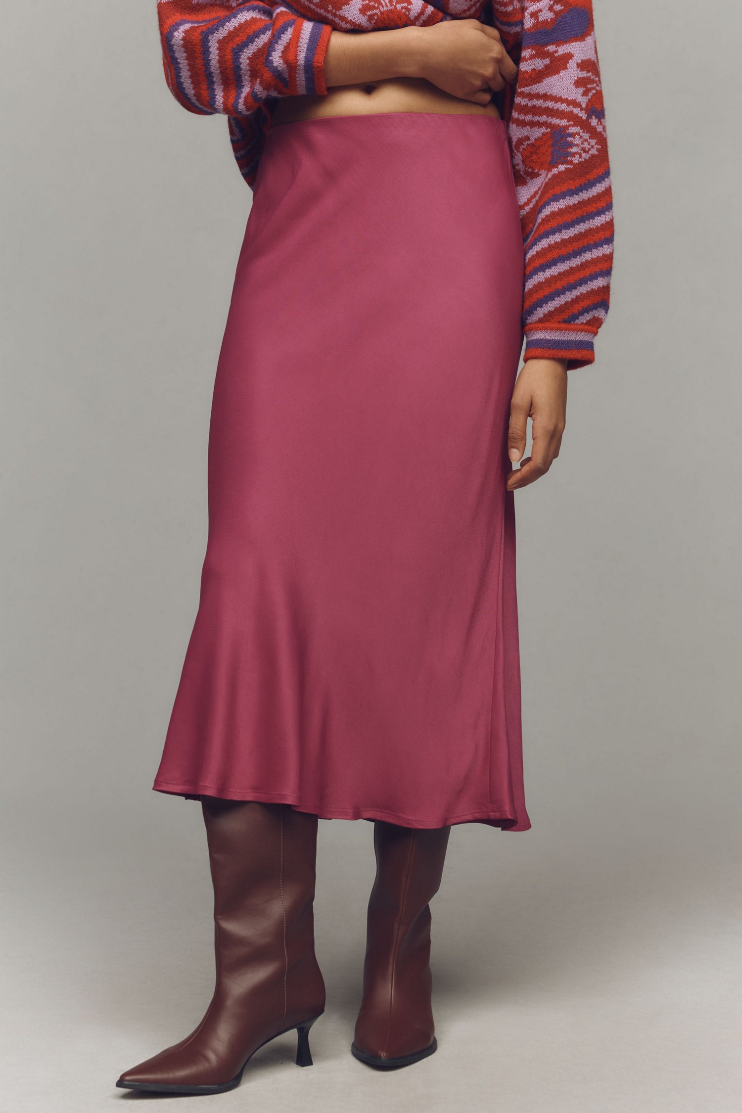 Pink Satin Midi Skirt