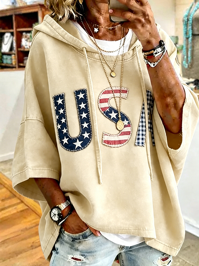 Patriotic Red USA Star Stripe Applique Oversized Hoodie
