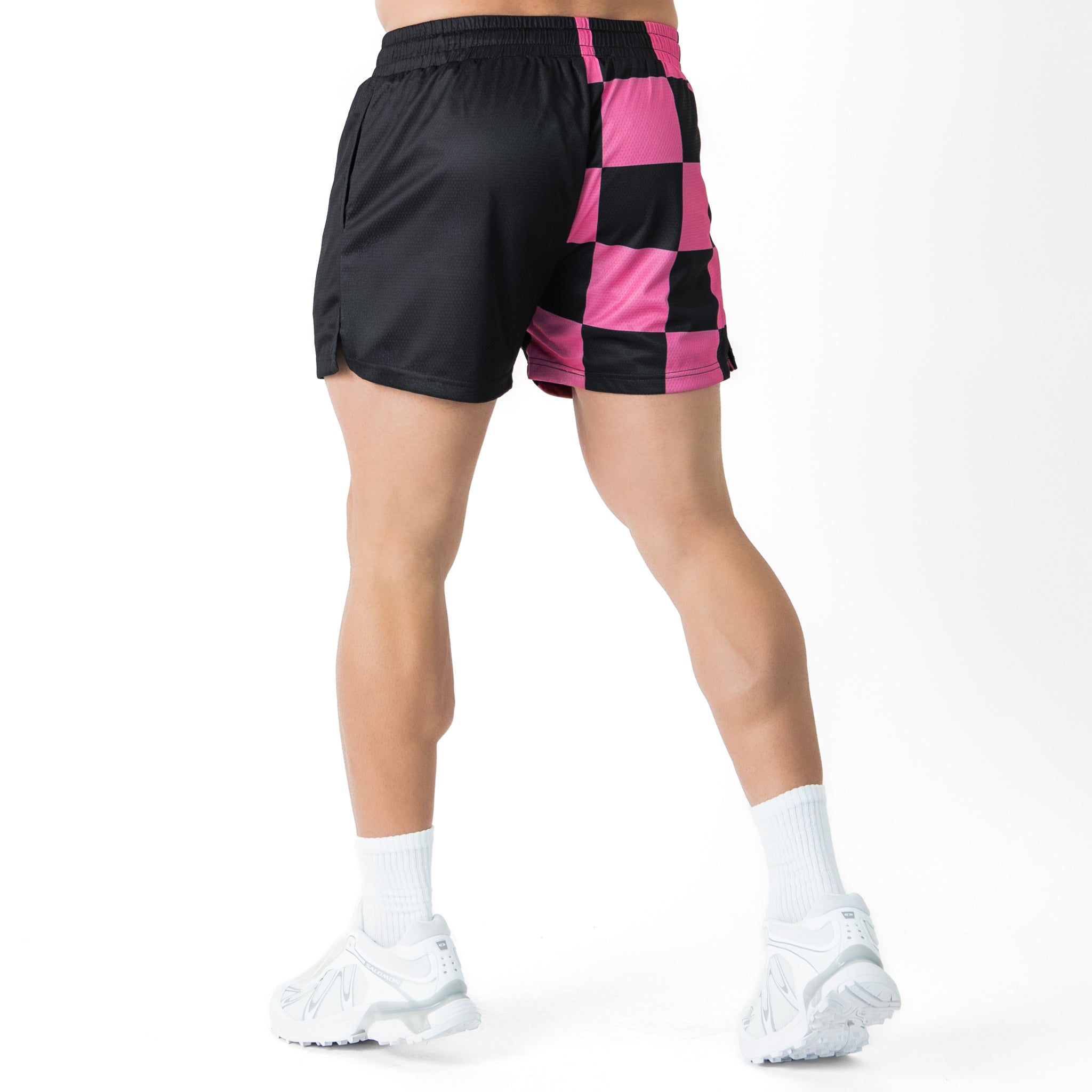 MUAY THAI SHORTS (MID THIGH CUT) CHECKER - BLACK / PINK