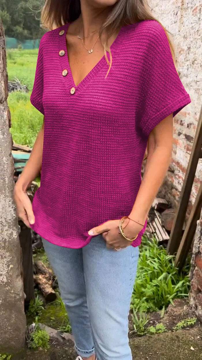 Women Summer Casual Knitted Cotton and Linen V-neck Top