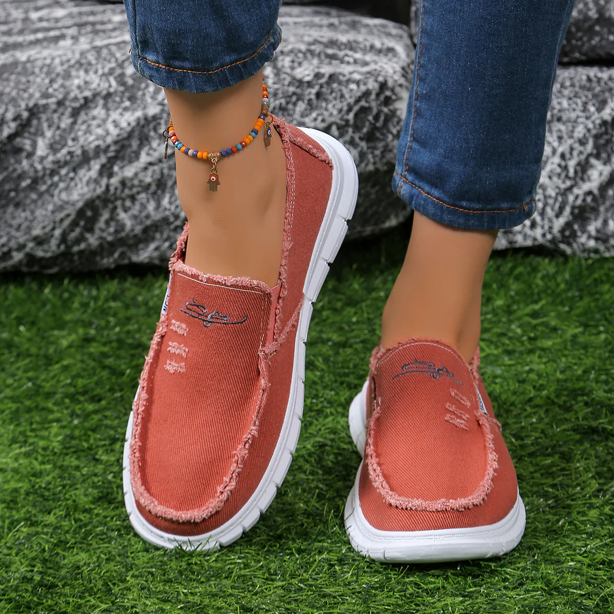 Raw Edge Round Toe Embroidery Flat Slip-Ons  (multiple color options)