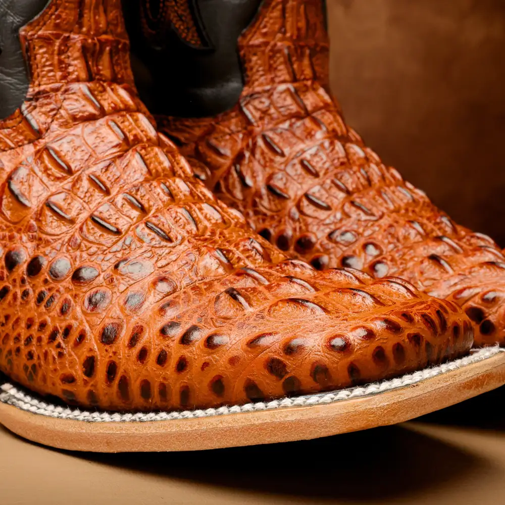Cognac Caiman Neck Leather Boots - Square Toe