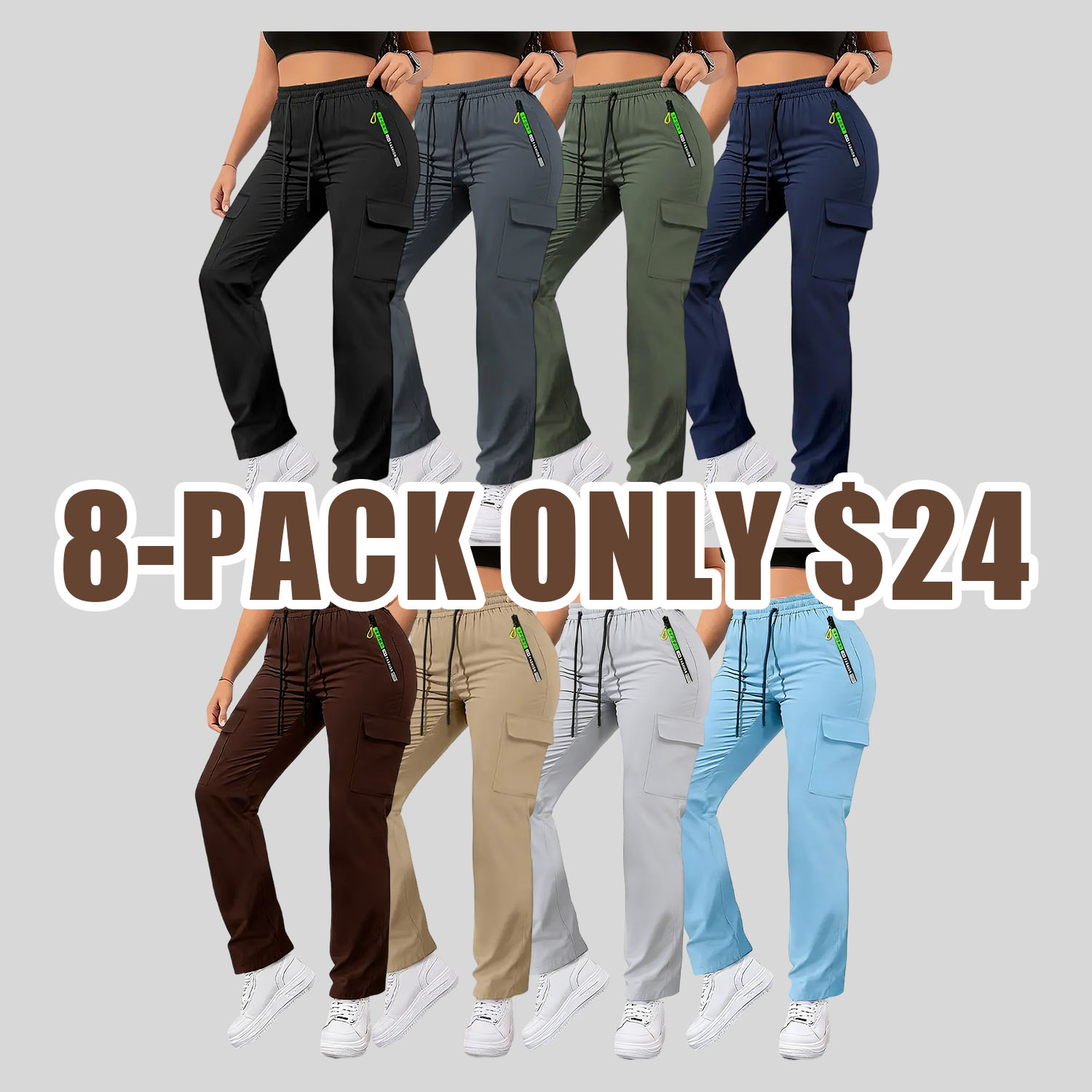Women’s cargo pants with multiple pockets for spring and autumn—thin, straight-leg casual long pants featuring zippered pockets and an elastic waistband, suitable for outdoor sports and everyday outings.