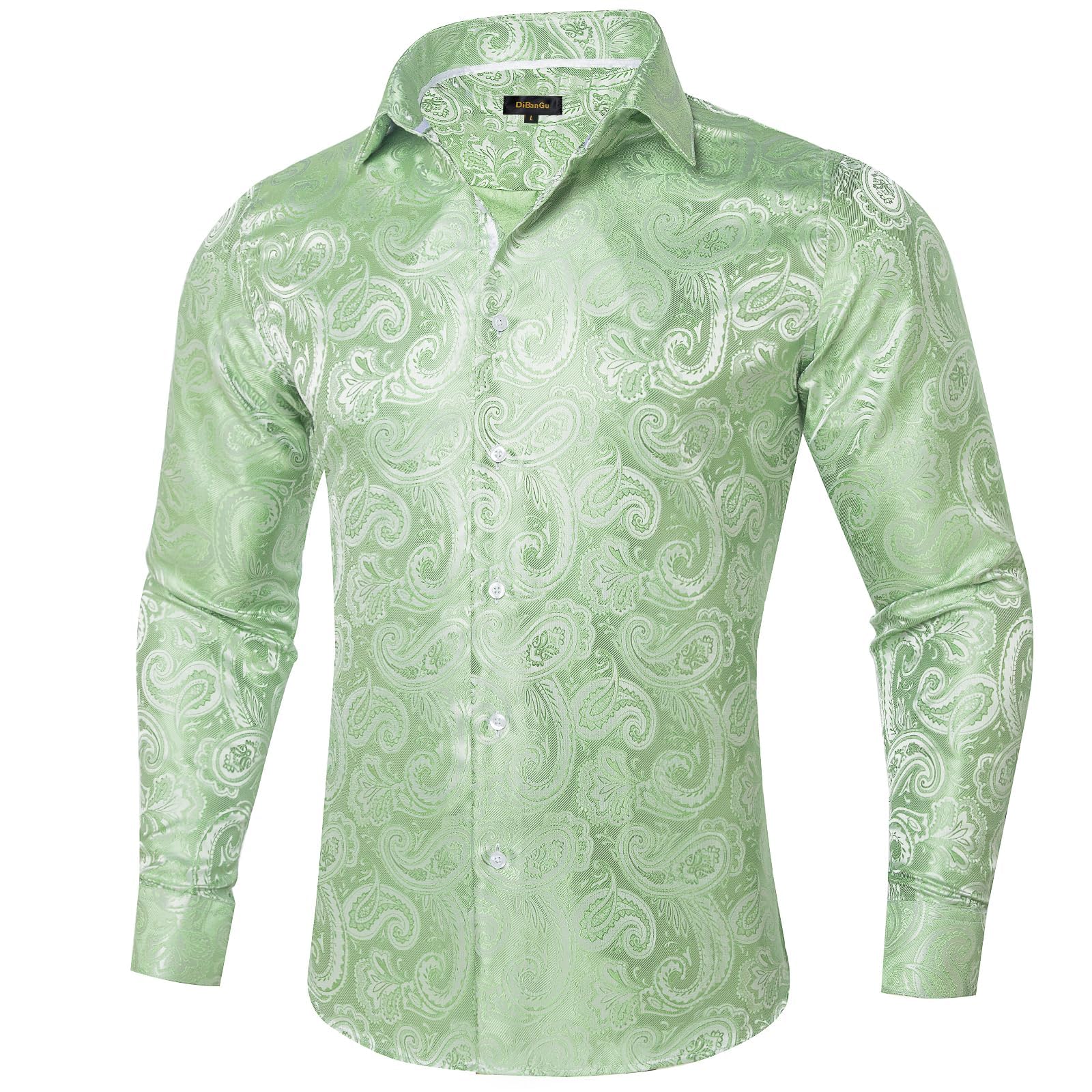 Men's Paisley Dress Shirt Long Sleeve Wrinkle Free Button Down Cowboy Shirts - Light Green&paisley