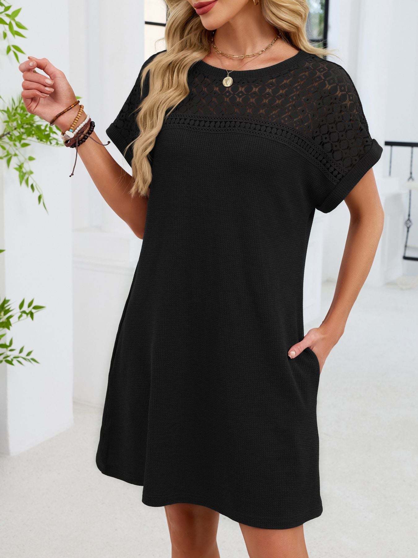 Lace Round Neck Short Sleeve T-Shirt Dress