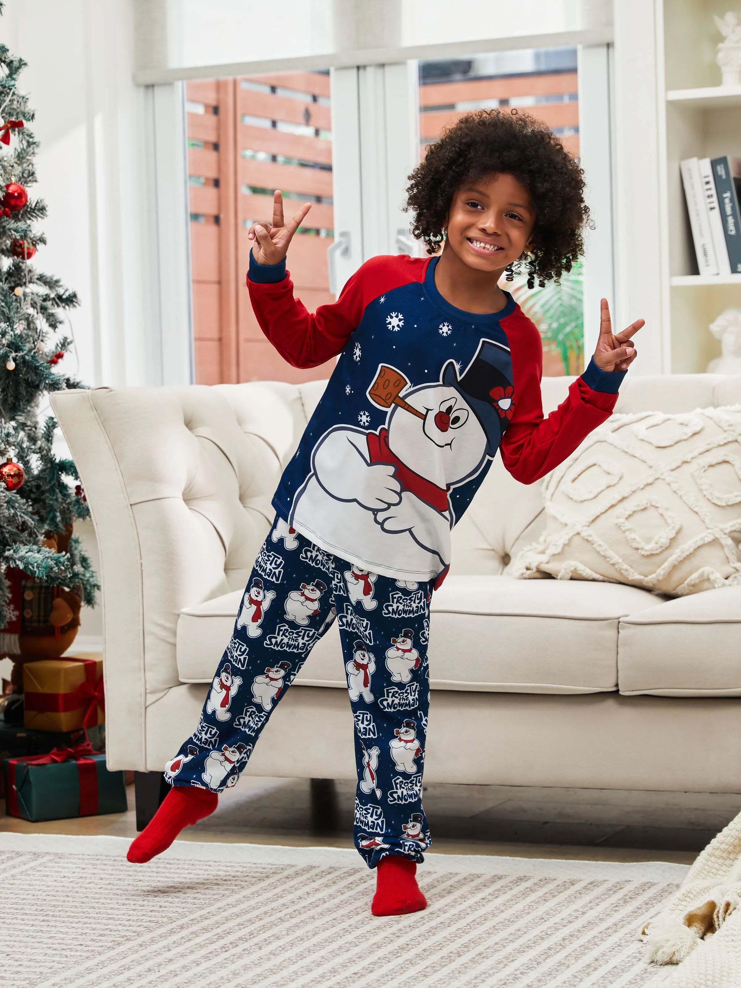 Frosty The Snowman Christmas Family Matching Color-block Pajamas Sets with Christmas Socks