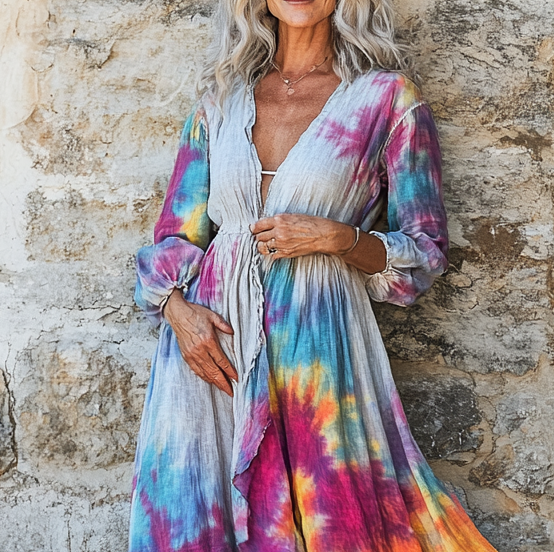 Vintage Loose Linen Patchwork Dress e690