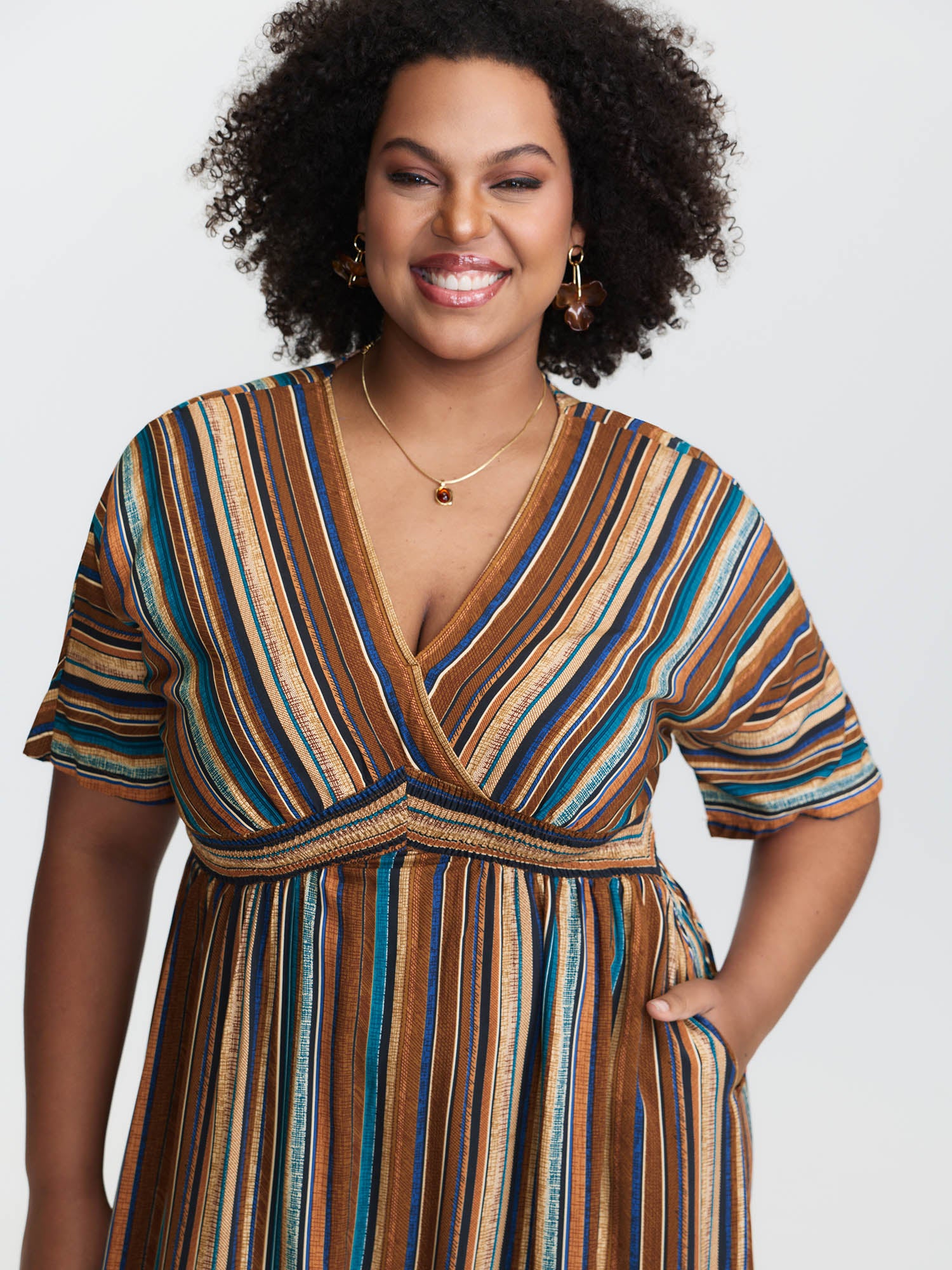 Striped Contrast Dolman Sleeve Shirred Pocket Split Flutter Dress