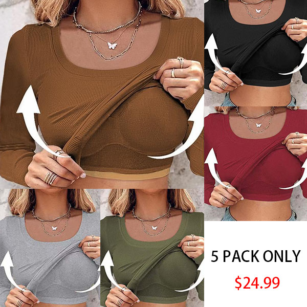 🍂🔥Womens U-Neck Built-in Bra Long Sleeve Ribbed Top Shirts Elegant Skinny Fit Fabric