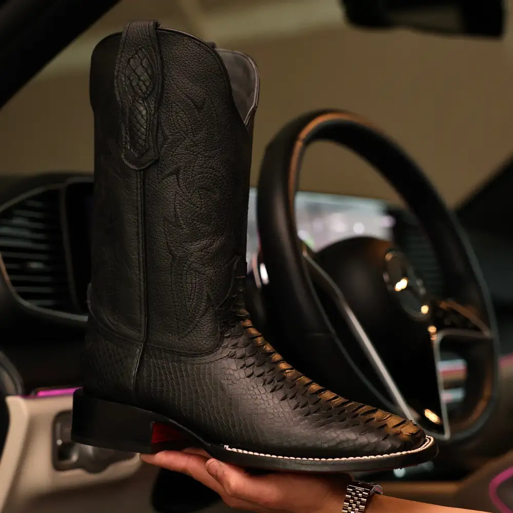 Black Python Leather Boots - Square Toe