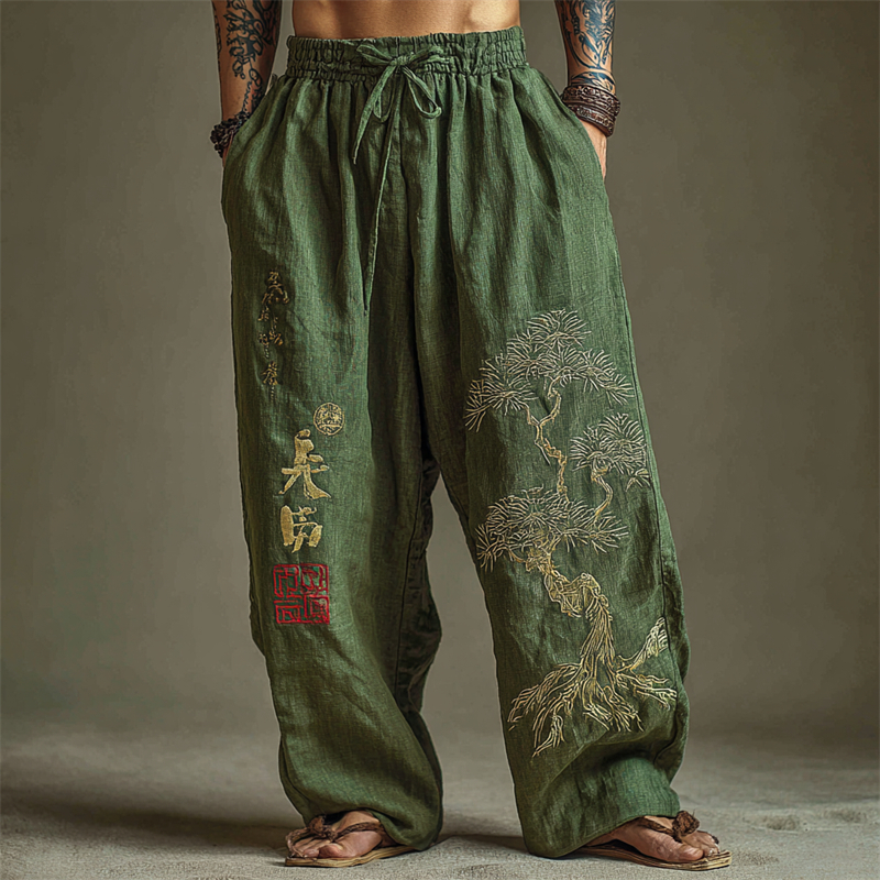 Men's Japanese Pine Tree Embroidered Wide Leg Linen Pants