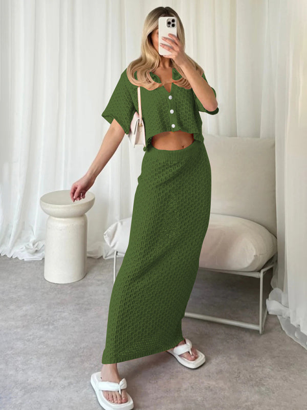 Knitted Crochet Multicolor Cardigan Button Skirt All-match Set Dress