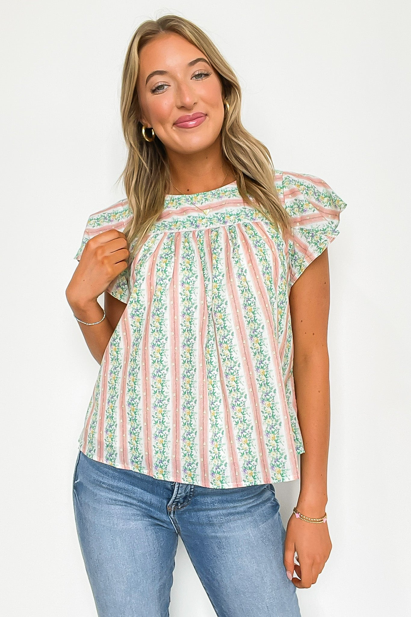Floral Striped Round Neck Ruffle Sleeves Top