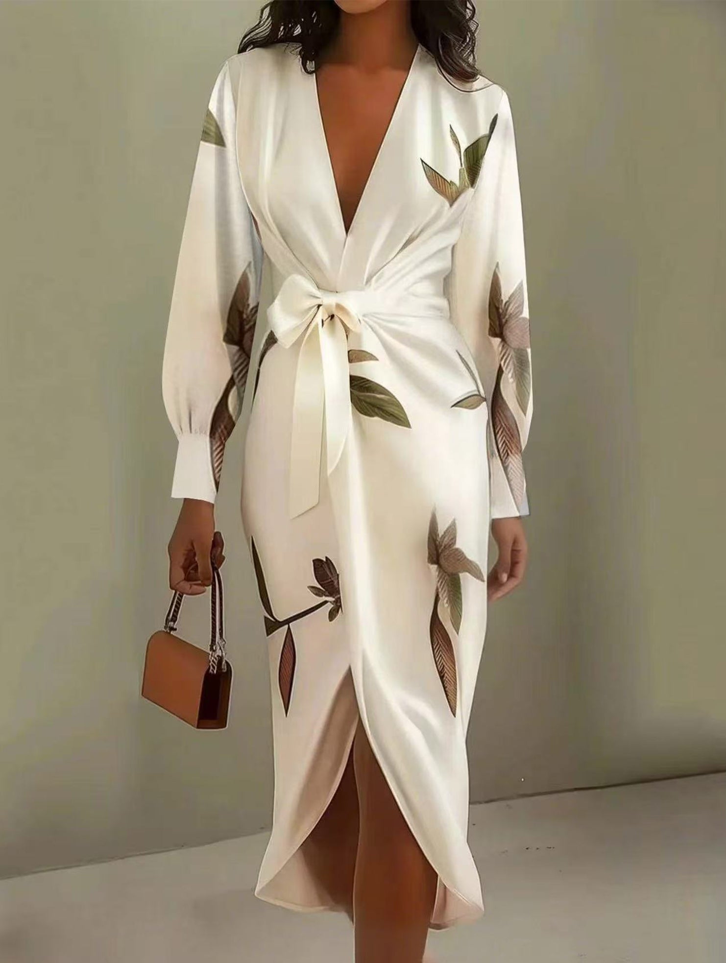 V Neck Tie Print Maxi Dress