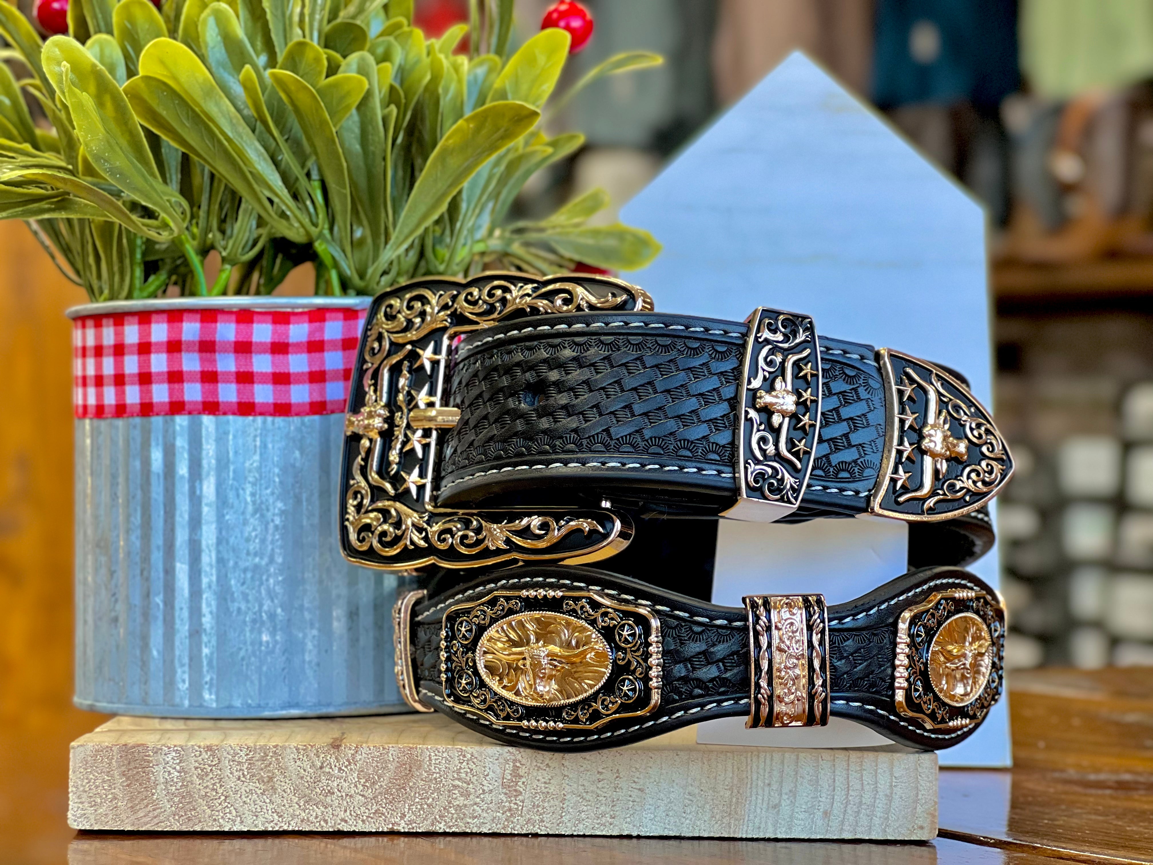 Men’s Black Leather Belt With Longhorn Concho