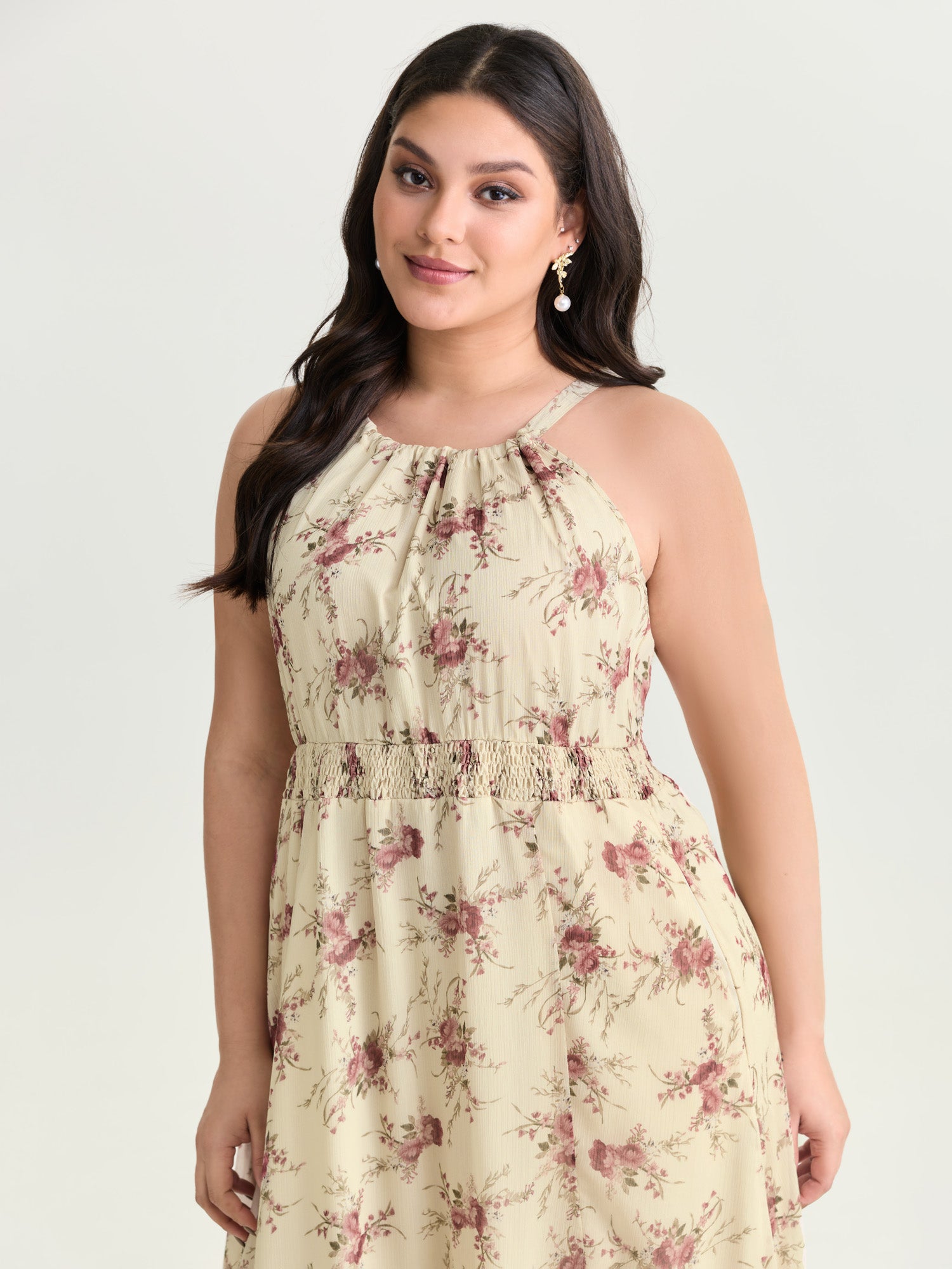 Romantic Floral Print Halter Neckline Maxi Dress