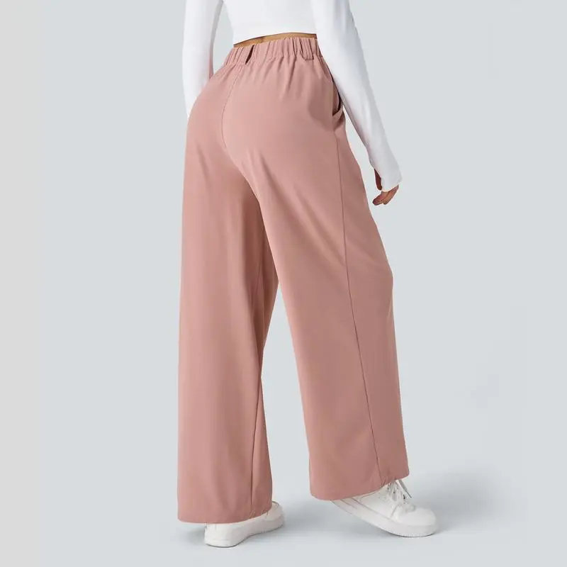 High Waisted Plicated Side Pocket Wide Waffle Work Pants