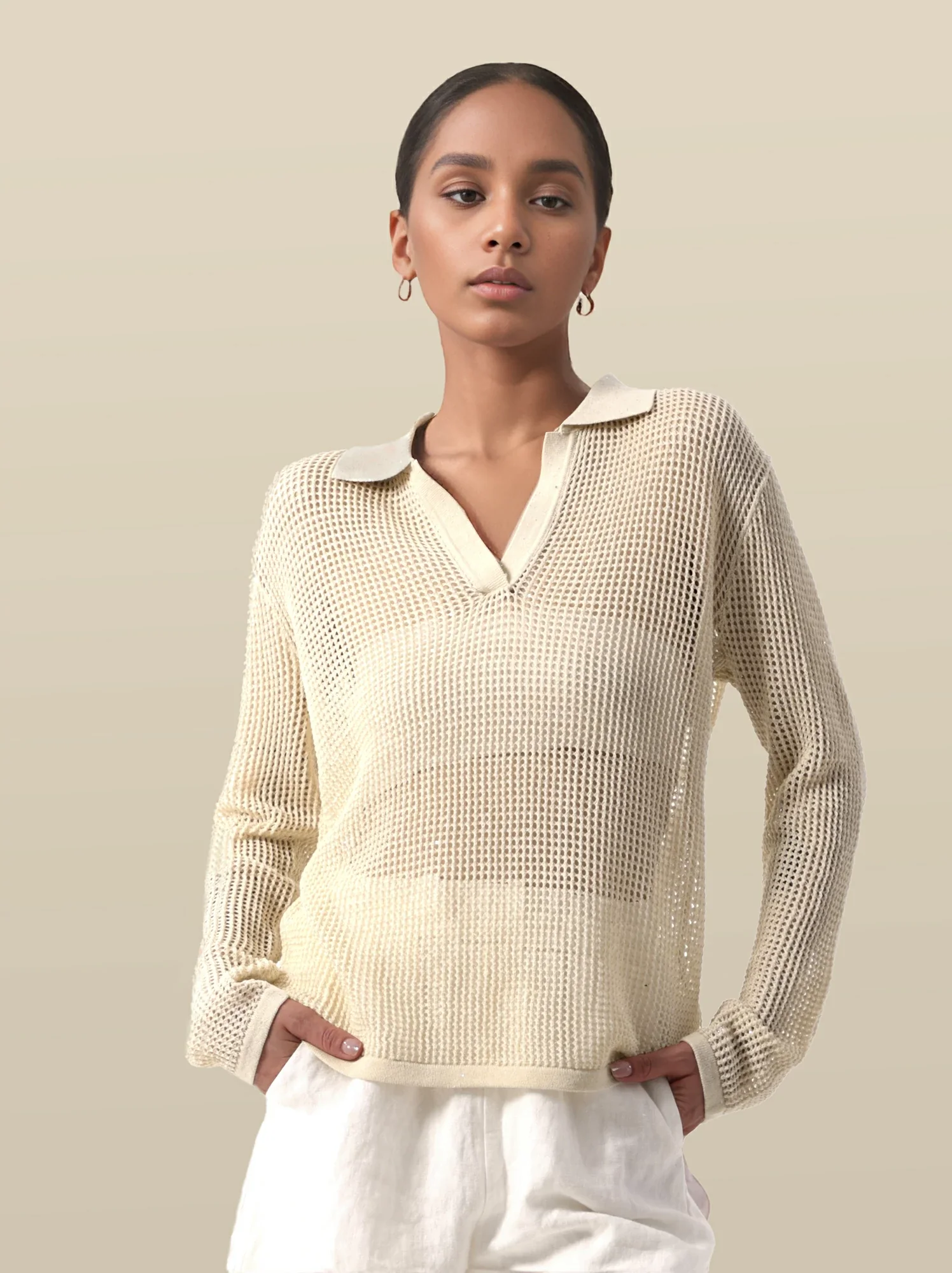 Lyocell & Linen Polo Neck Long Sleeve Cut-out Top