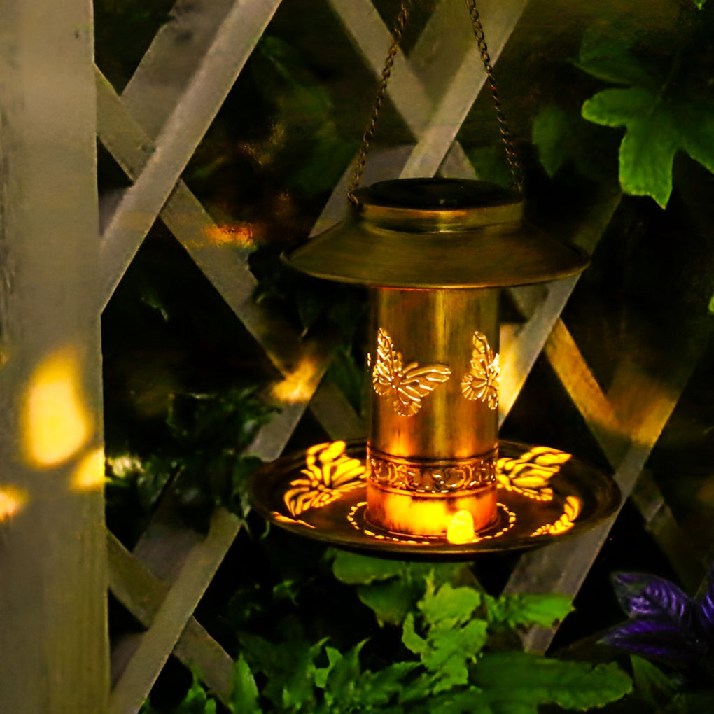 Retro Butterflies Hollow Metal Rustic Bird Feeder Solar Hanging Lights