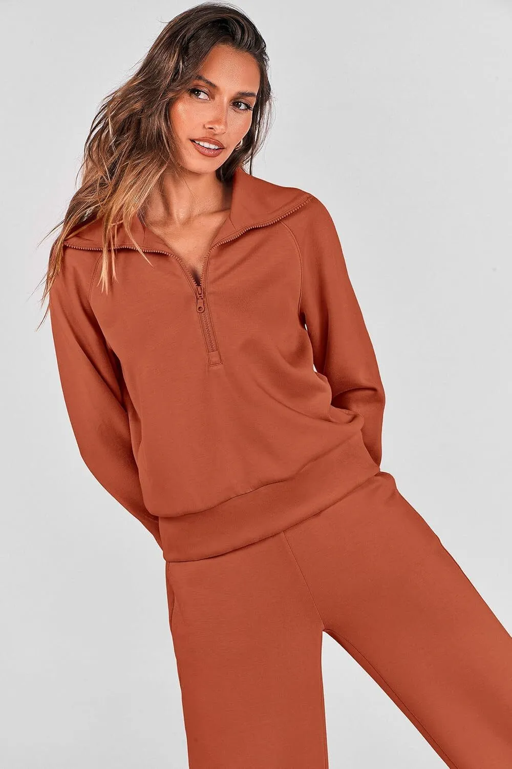 🔥Final Day Clearance!🛒Women's 2 Piece Outfits Casual Lapel Half Zip Sweatshirts And Wide Leg Pants Tracksuit Sets