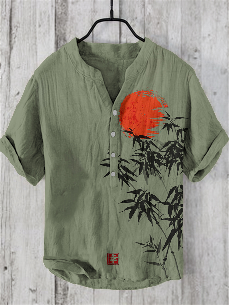 Japanese Bamboo Forest And Red Sun Art Linen Casual Shirt