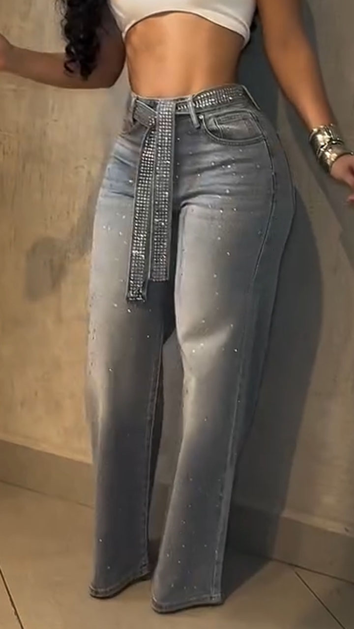 Women High Waisted Hot Pressed Diamond Temperament Casual Jeans