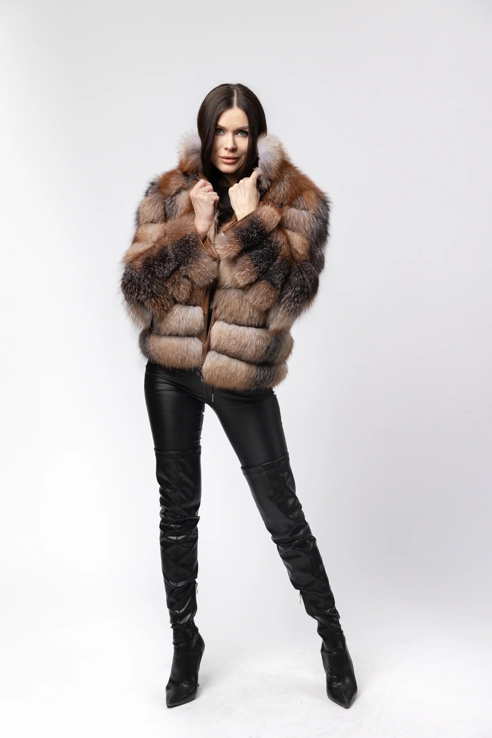 Haină din Blană Naturală de Vulpe, Guler Tunică, Transformabilă, Femei, Brown Frost 271