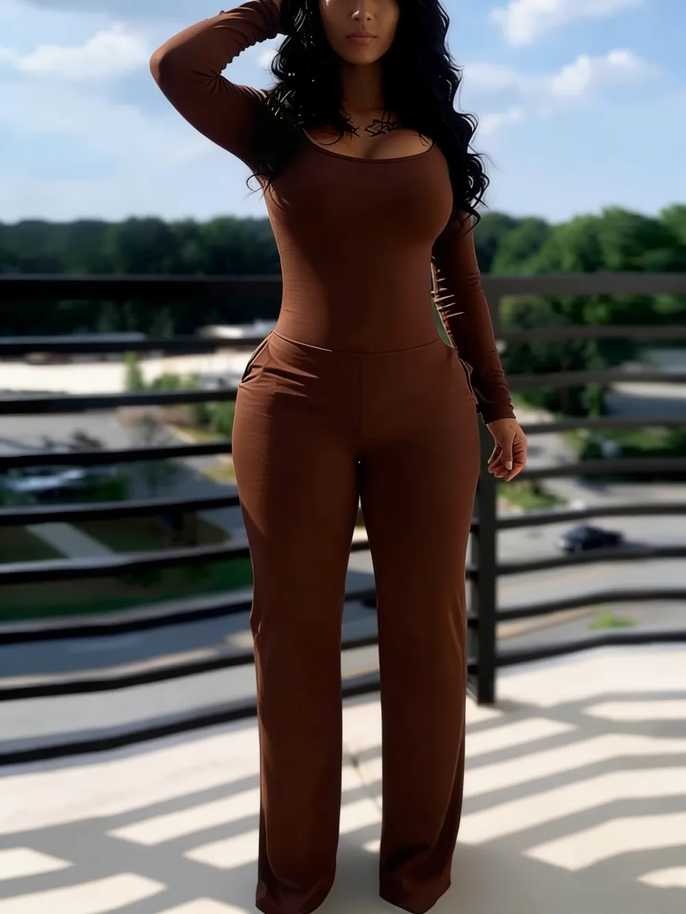 Women’s Fitted Long Sleeve Jumpsuit with Low Neck & Pockets