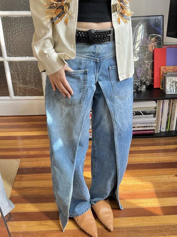 Pockets Reversible False Two Wide Leg Jean Pants Bottoms