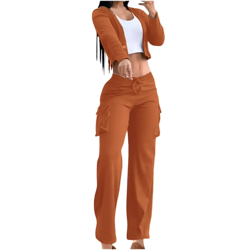 2 Piece Set for Women Casual Suit Cardigan Button with Pocket