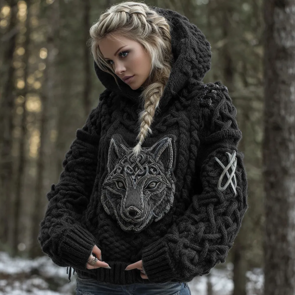 Women's Viking Celtic Wolf Knit Jacquard Warm Hooded Sweater