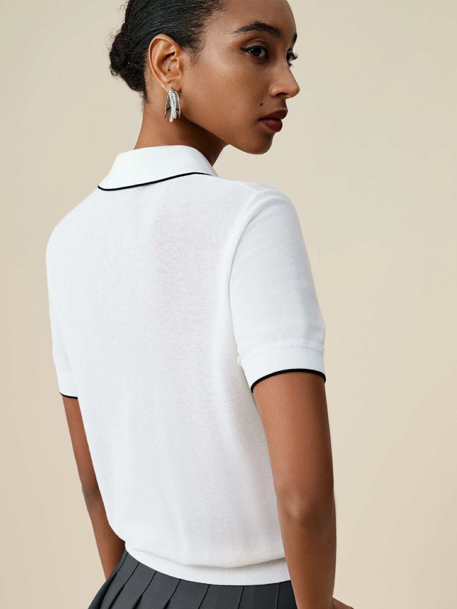 Cotton & Linen Polo Collar Short Sleeve Contrast Top