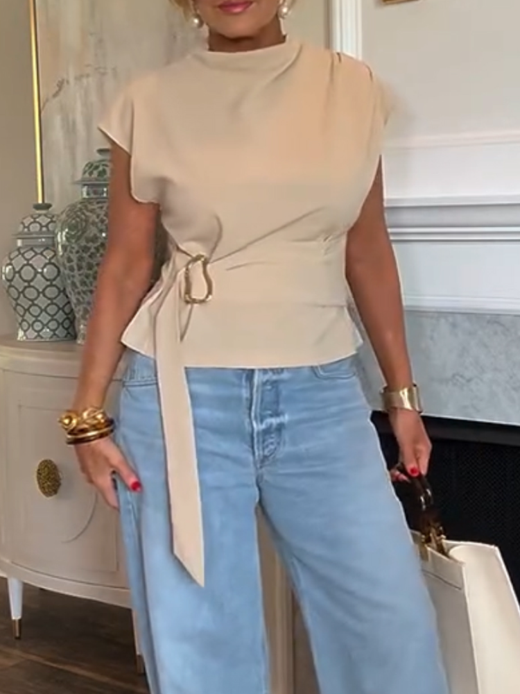 Women Round Neck Waistband Strap Metal Buckle Casual Top