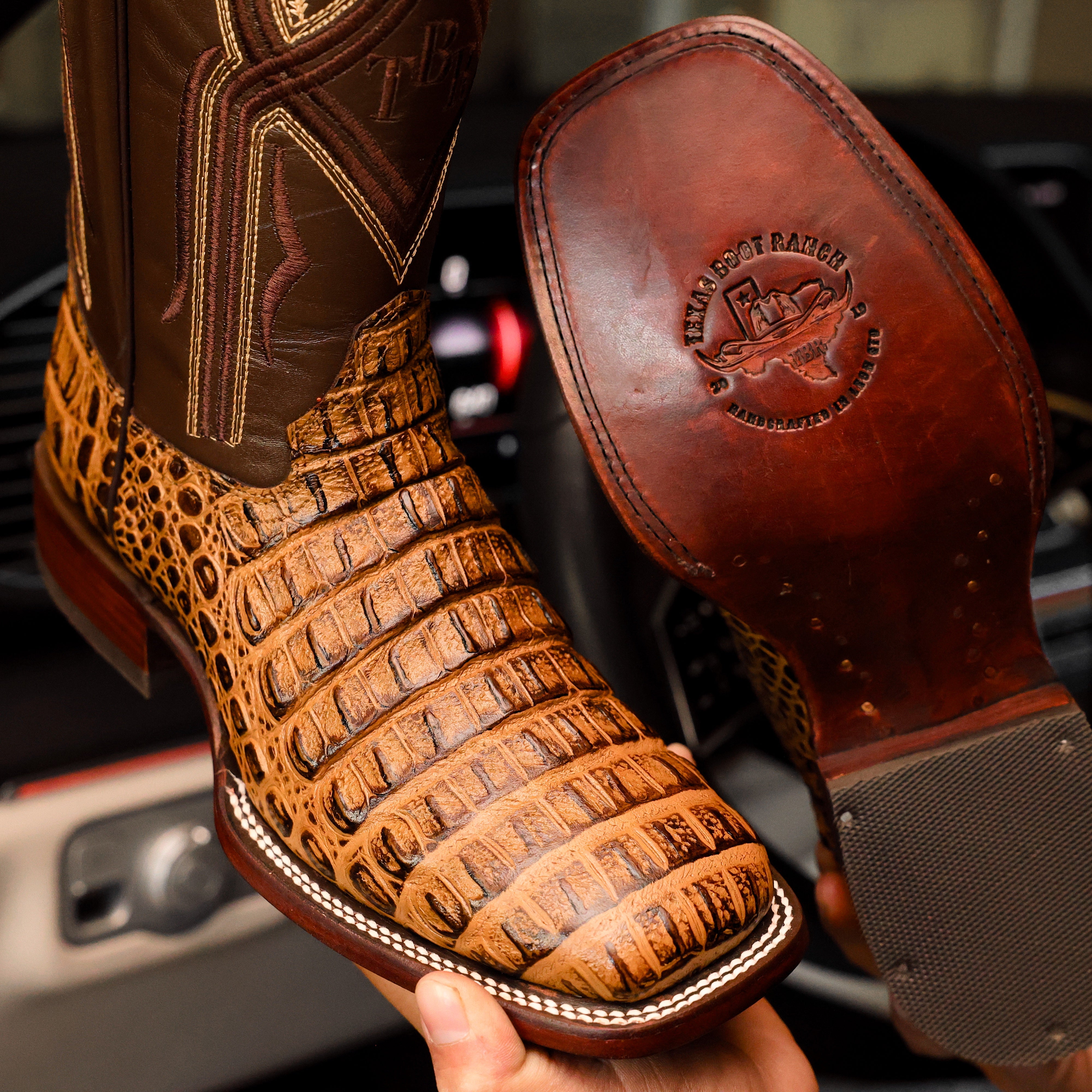 Honey Caiman Hornback Leather Boots - Square Toe