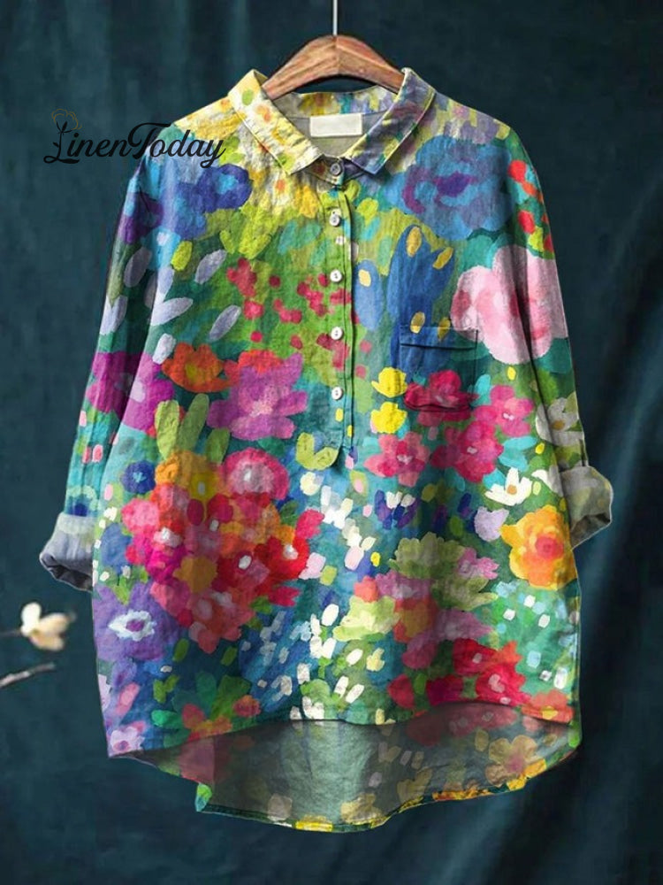 Women's Flower Print Casual Cotton And Linen Shirt