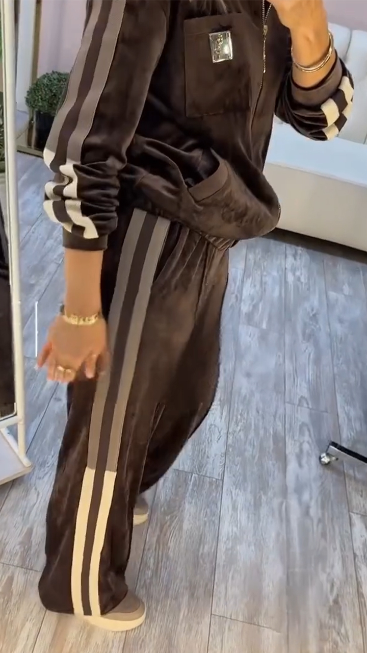 Women Lapel Zipper Vertical Stripe Jacket + Pants Casual Suit