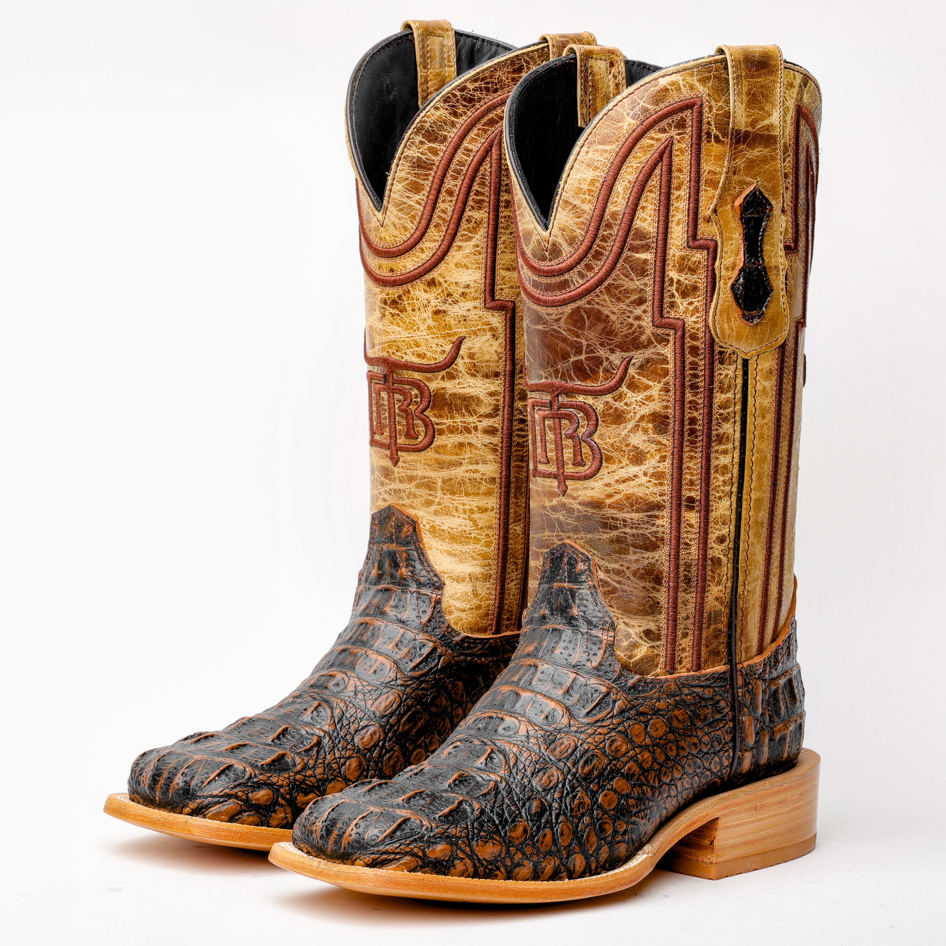 Rustic Honey Caiman Neck Leather Boots - Square Toe