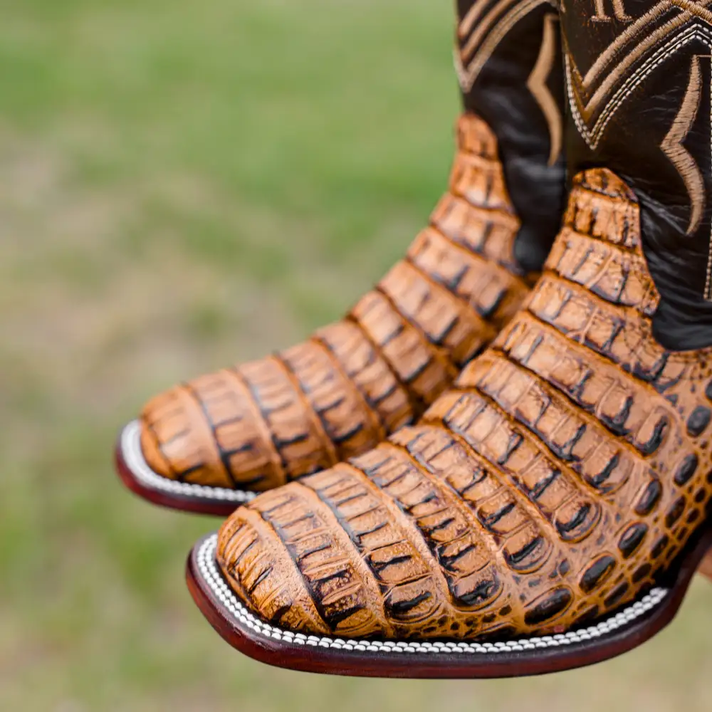 Honey Caiman Hornback Leather Boots - Square Toe