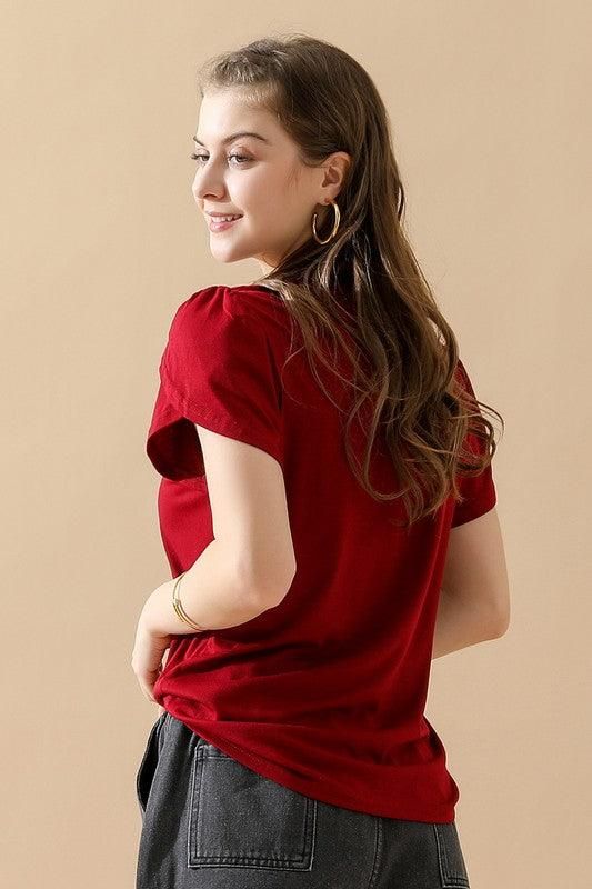 Gold Lace V Neck Ruffle Short Sleeve Top