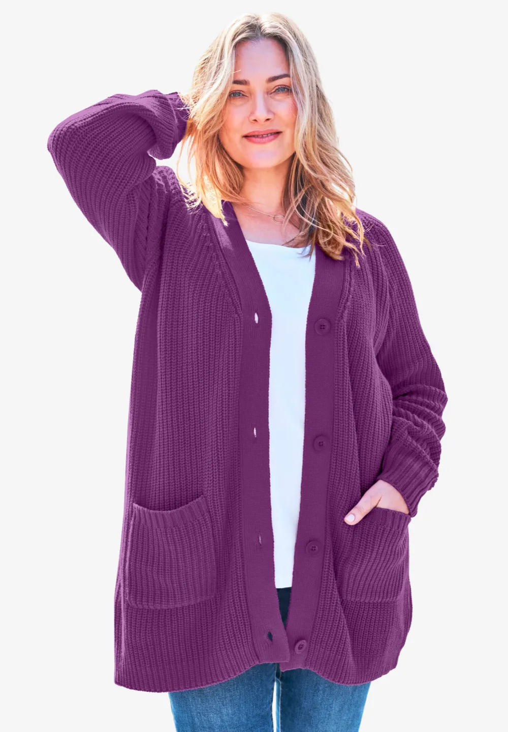 Button-Front Shaker Cardigan