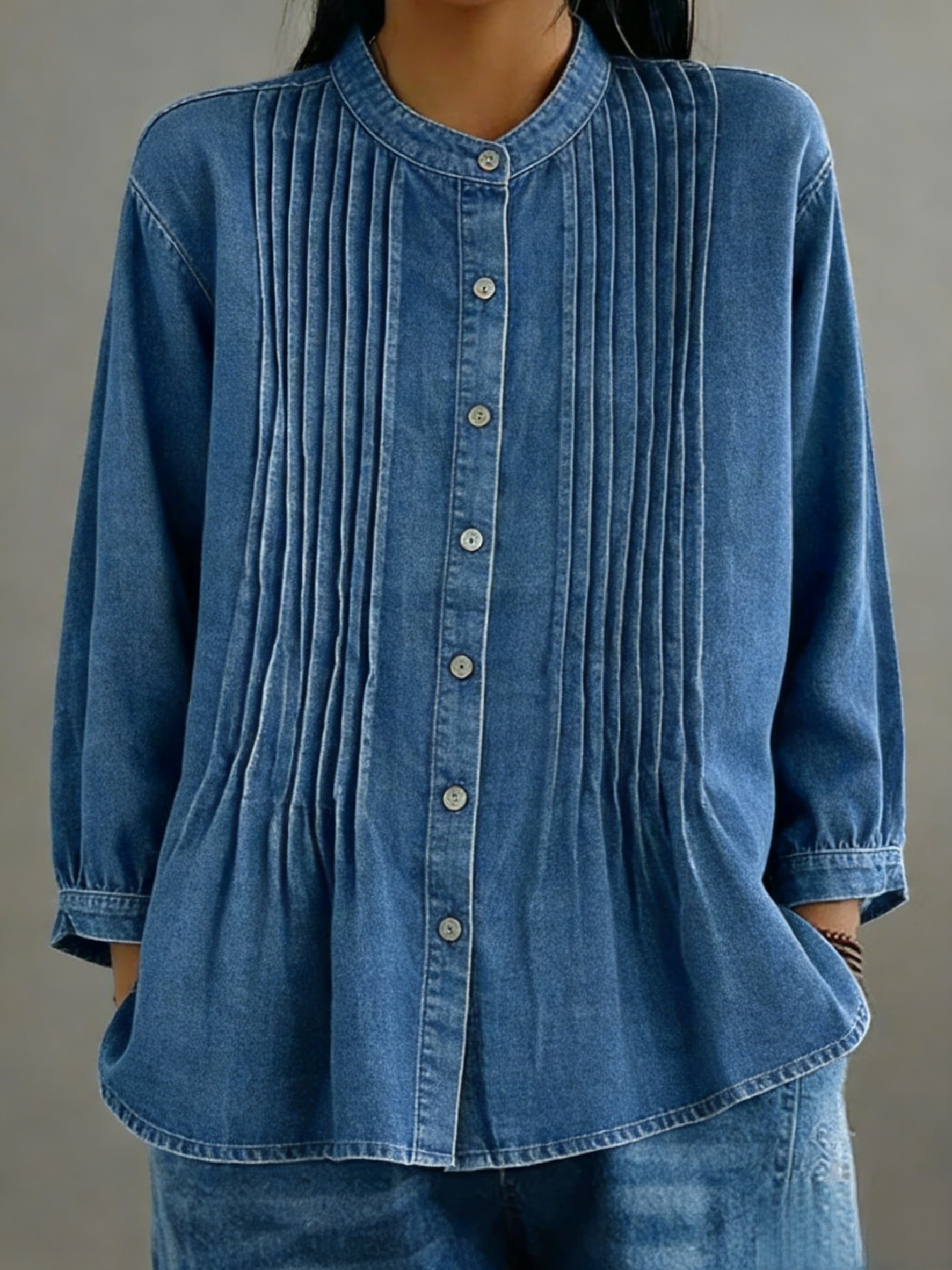 Women's Casual Denim Pleated Shirt
