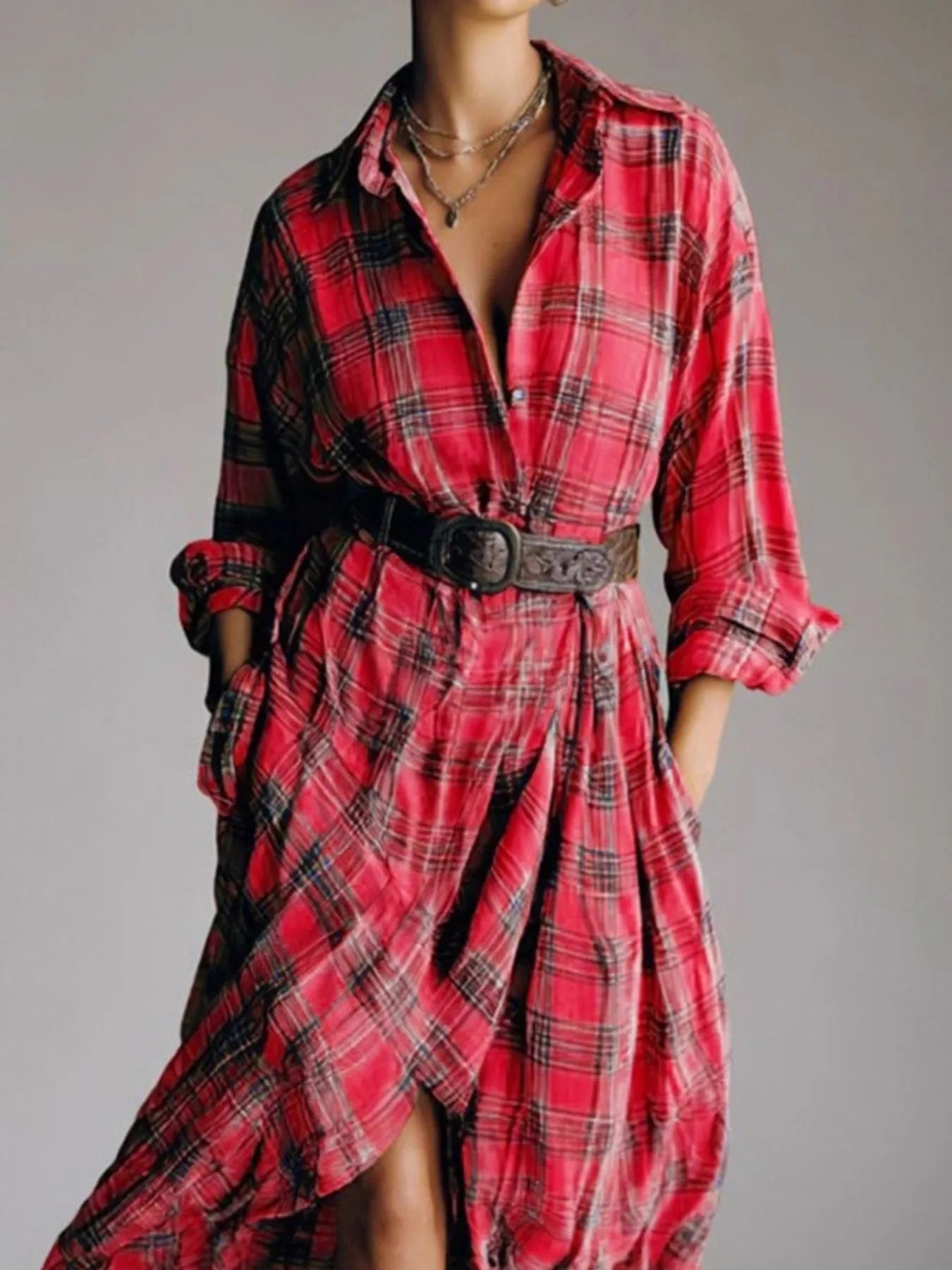 Full Size Plaid High-Low Long Sleeve Shirt Dress Plus Size