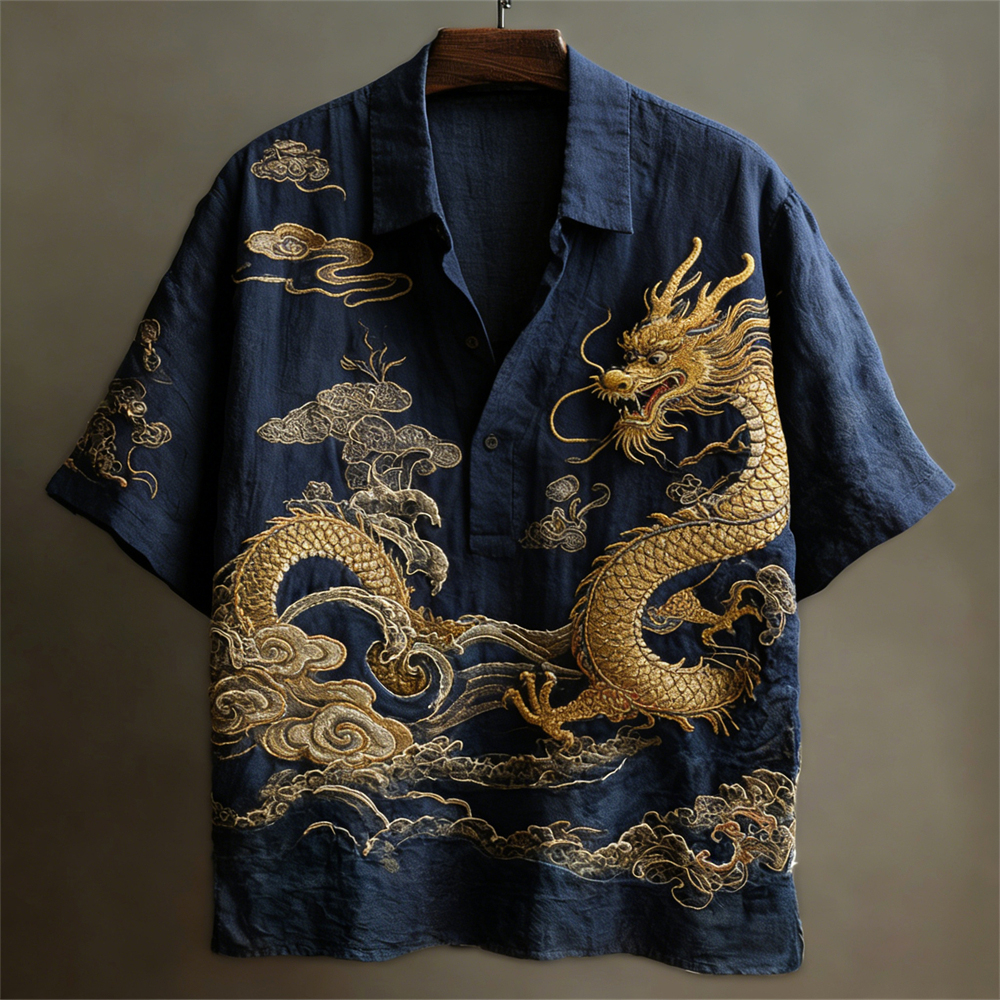 Japanese Dragon Totem Art Linen Short Sleeve Shirt