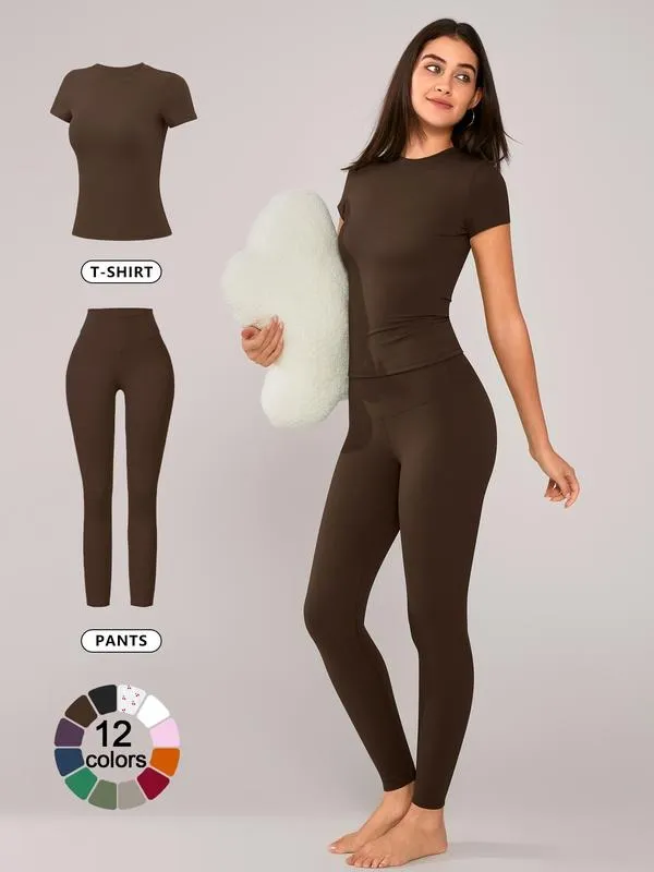 Women's Solid Short Sleeve Tee & Leggings Loungewear, Casual Comfy Round Neck Top & Skinny Pants PJ Set