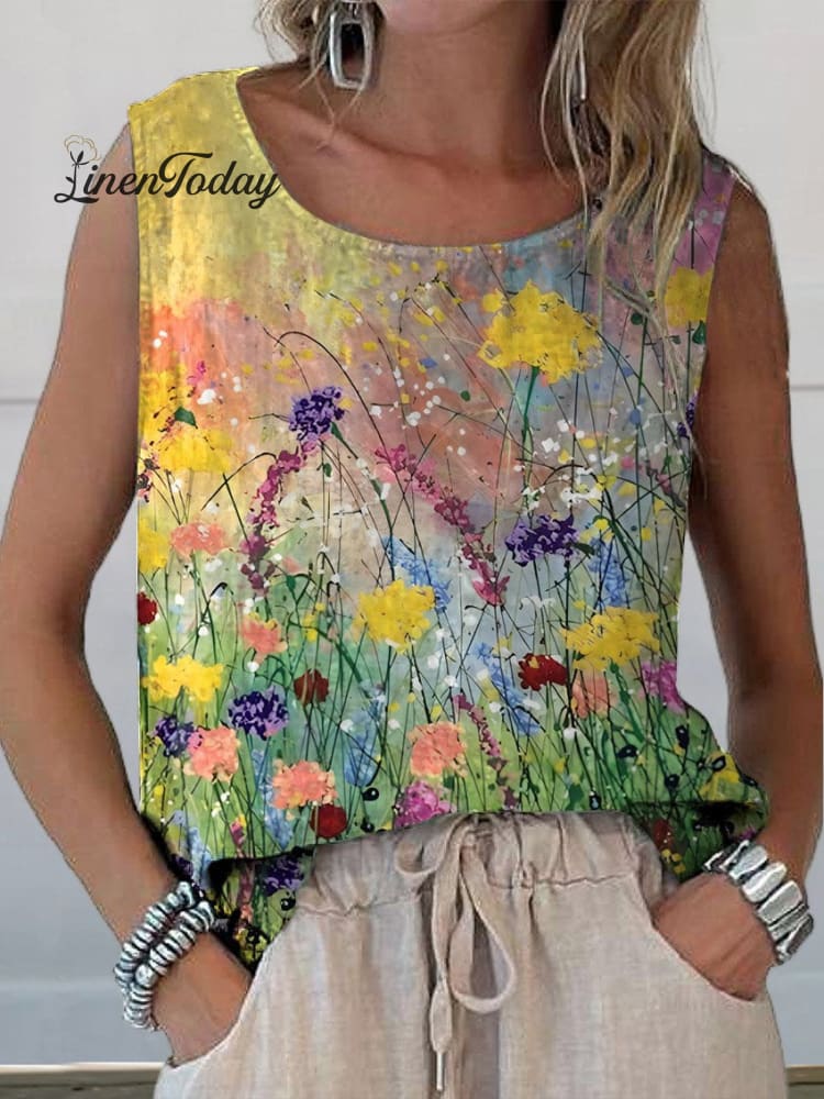 Women's Retro Elegant Floral Art Print Casual Cotton And Linen Tank Top