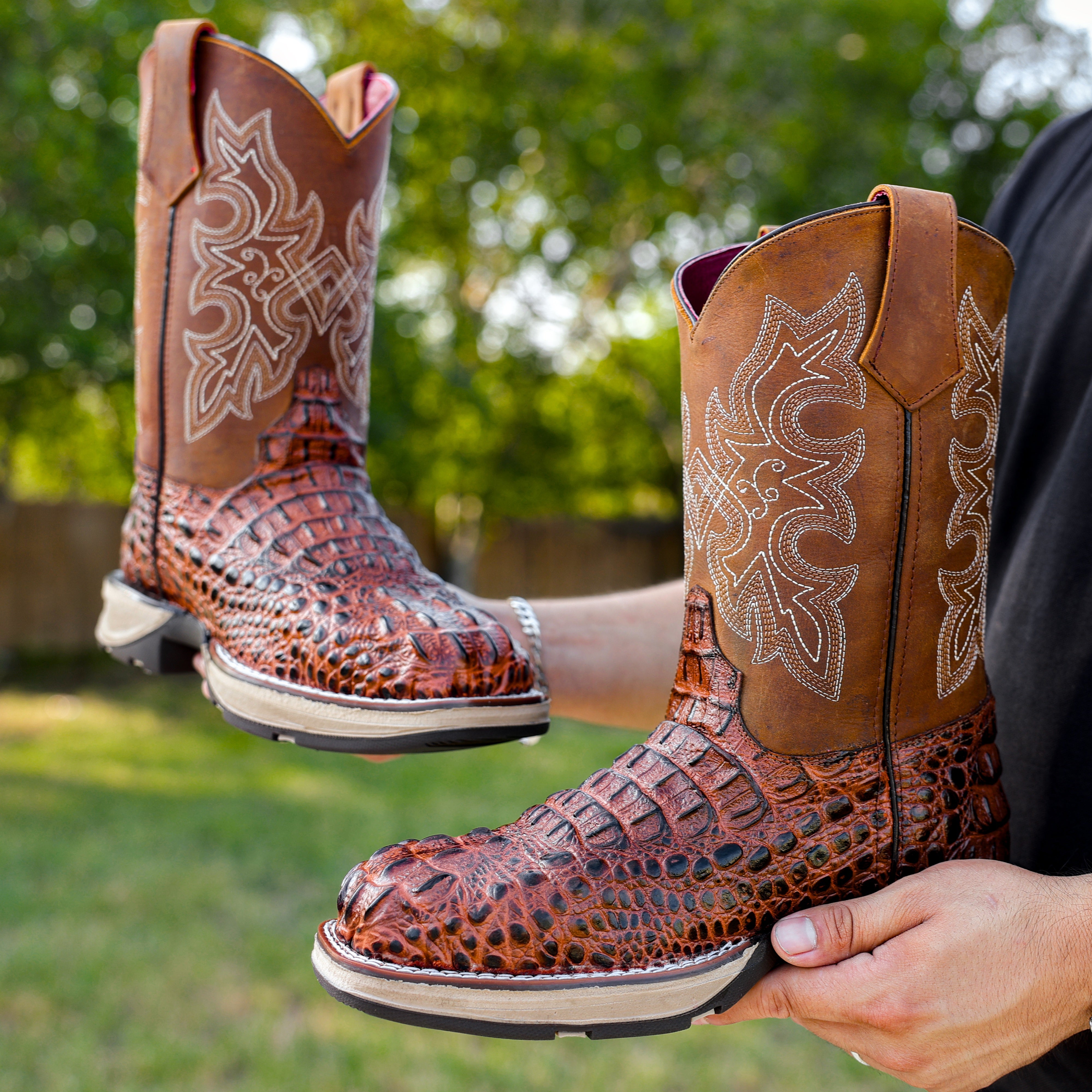 Cognac Caiman Neck Leather Boots With 3D Lightweight Sole - Composite Toe