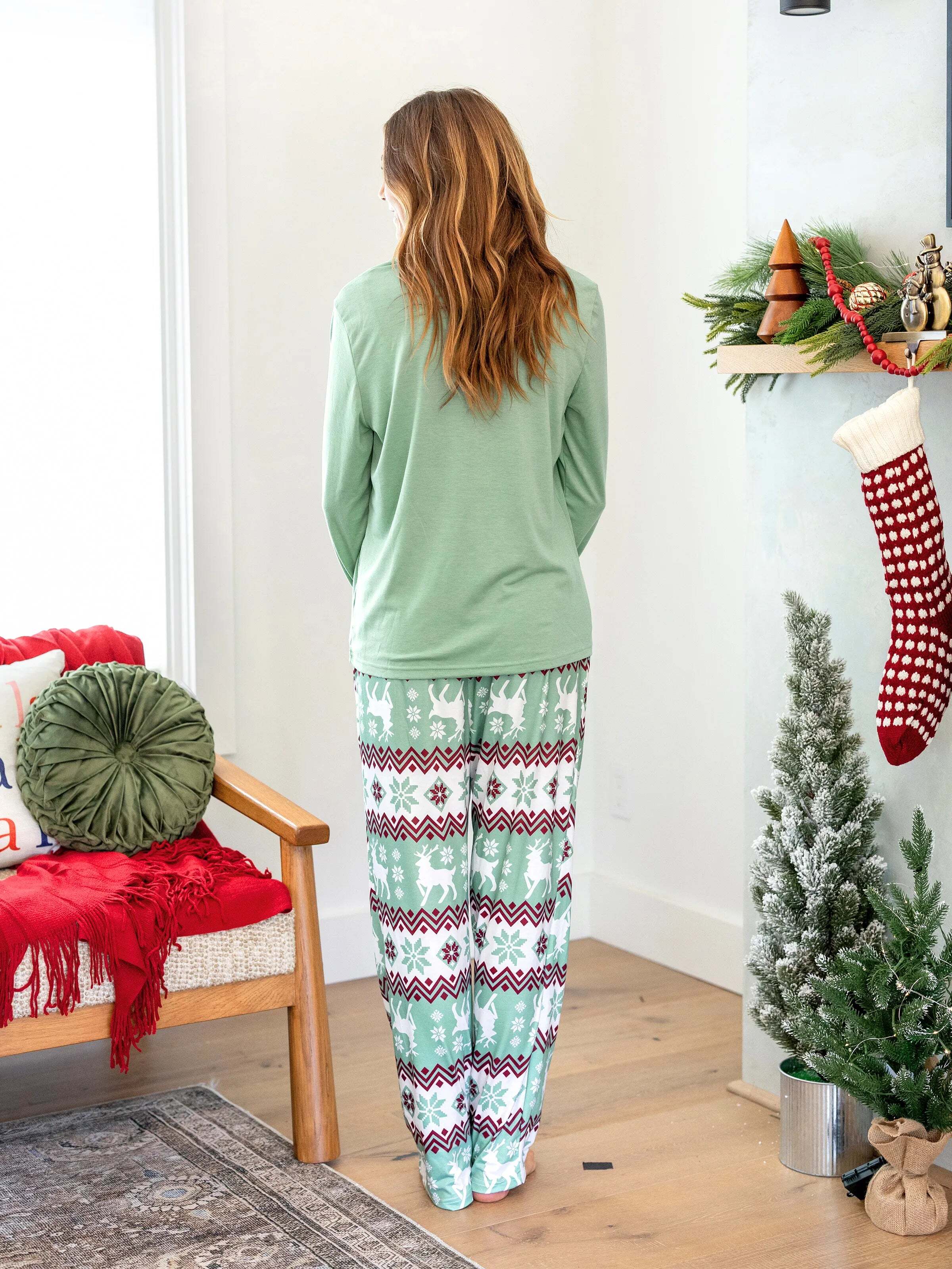 Christmas Matching Family Pajamas Set Christmas Spirit and Snowflake Print PJS with Christmas Socks Pale Green