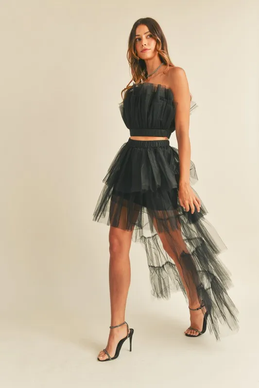 Tulle Tube Ruffle Crop Top and High Low Maxi Skirt Set